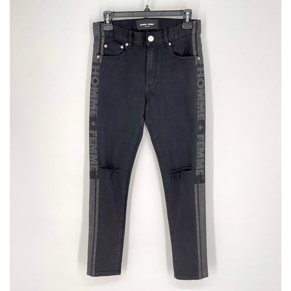 Homme + Femme NEW Skinny Distressed Jeans Mens Sz 28 Black Shimmer Logo Stripes - Picture 1 of 12